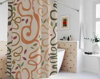 Abstract Botanical Squiggle Shower Curtain | Colorful Lines on Light Orange Cream
