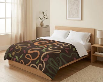 Abstract Squiggly Botanical Stems Microfiber Duvet Cover | Modern Colorful Warm Tones