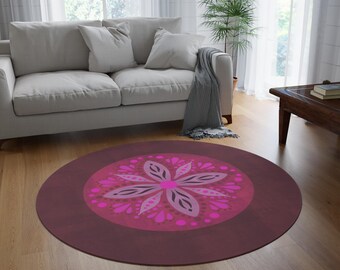 Mandala Round Rug, Purple Wine & Pink Floral, Boho Chic Decor (60x60)