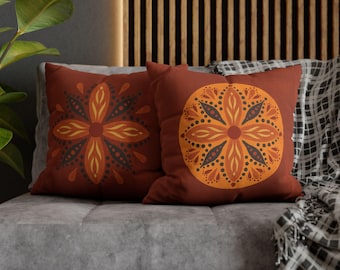 Bohemian Mandala Pillow Cover: Red Orange Boho Decor, Square Cushion