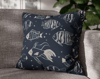 Navy Blue Fish Pillowcase: Coastal Line Art Cushion Cover