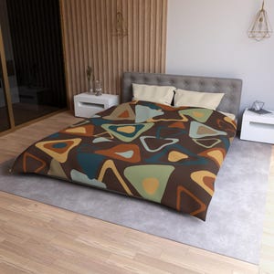 Duvet Cover, Retro Geometric Bedding, Mid Century Modern Decor, Groovy Pattern Bedspread, Cute Colorful Comforter Set, Attractive Boho Style