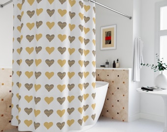 Boho Pastel Heart Shower Curtain | Grey Yellow Modern Bathroom Decor