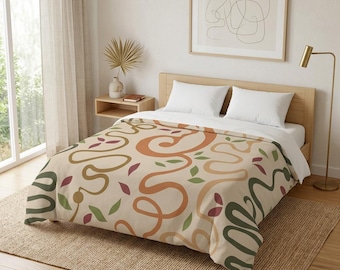 Abstract Squiggly Botanical Stems Microfiber Duvet Cover | Modern Colorful Warm Tones