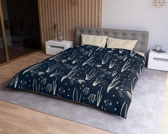 Nautical Fish Sketch Pattern Microfiber Duvet Cover | Deep Blue Navy Grey