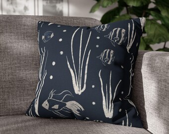 Ocean Life Pillowcase: Navy Blue Seaweed & Fish Cushion Cover