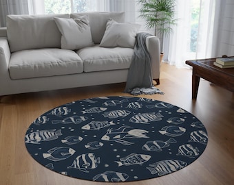 Navy Blue Coastal Fish Round Rug: Modern Marine Decor (60"x60")