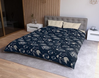 Nautical Fish Sketch Pattern Microfiber Duvet Cover | Deep Blue Navy Grey