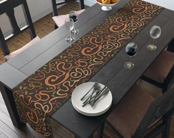 Abstract Colorful Botanical Stems Table Runner | Modern Squiggly Line Pattern