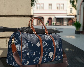 Marine Fish Waterproof Duffle Bag: Navy Blue Coastal Travel Tote