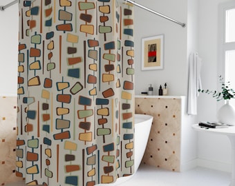 Retro duschdraperi: Färgglad badrumsinredning i mitten av århundradet