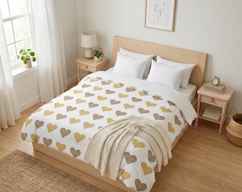 Modern Boho Heart Pattern Duvet Cover | Yellow Grey Pastel Geometric