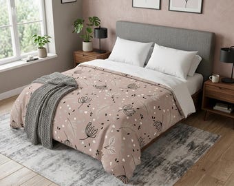 Dreamy Minimalist Botanical Duvet Cover | Soft Pink Grey Boho