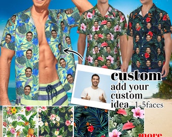 Puede incluir: Camisas hawaianas personalizables con un estampado tropical que presenta múltiples caras. Las camisas están disponibles en una variedad de colores y patrones. El texto "Custom add your custom idea 1-5 faces" se muestra en la imagen.