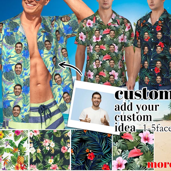 Chemise hawaïenne florale tropicale personnalisée avec visage, chemises boutonnées personnalisées avec photo, chemises de plage hawaïennes drôles pour hommes et femmes