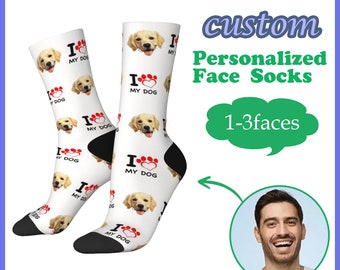 Ik hou van mijn hond aangepaste gezichtssokken met afbeelding, gepersonaliseerde sokken met foto, sok, aangepaste Unisex grappige crew sok geschenken voor mannen vrouwen