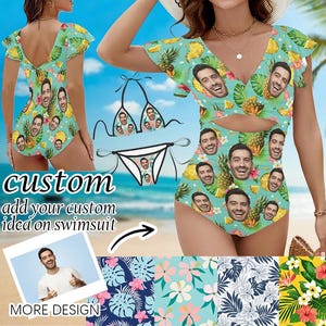 Personalized Face Funny Swimwear, Women&#39;s Ruffle One Piece Swimsuit, Custom Face Hawaiian Swimsuit, Women Beach Bathing Suits Birthday Gift