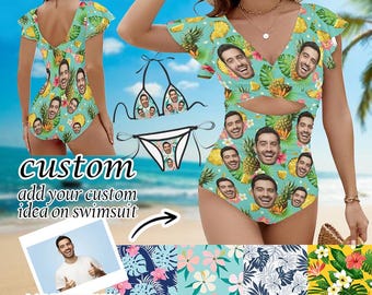 Personalisiertes Gesicht Lustige Bademode, Frauen Rüschen Einteiliger Badeanzug, Benutzerdefiniertes Gesicht Hawaiian Badeanzug, Frauen Strand Badeanzüge Geburtstagsgeschenk