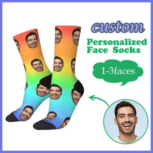 Rainbow Custom Face Socks with Picture,Personalized Socks with Photo,Picture Sock,Customized Unisex Funny Crew Sock Gifts for Men Women