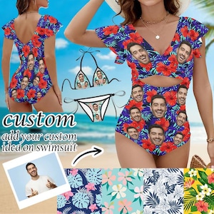 Personalized Face Funny Swimwear, Women&#39;s Ruffle One Piece Swimsuit, Custom Face Hawaiian Swimsuit, Women Beach Bathing Suits Birthday Gift