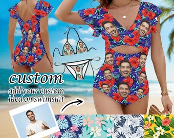 Personalisiertes Gesicht Lustige Bademode, Frauen Rüschen Einteiliger Badeanzug, Benutzerdefiniertes Gesicht Hawaiian Badeanzug, Frauen Strand Badeanzüge Geburtstagsgeschenk