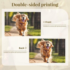K&ouml;nnte beinhalten: Doppelseitiger Druck eines Golden Retrievers, der durch ein Grasfeld rennt. Die Vorderseite zeigt den Hund, der auf den Betrachter zu rennt, w&auml;hrend die R&uuml;ckseite den Hund zeigt, der vom Betrachter wegrennt. Der Text "Geeignet f&uuml;r verschiedene Geschenkgelegenheiten" ist auf beiden Seiten gedruckt.