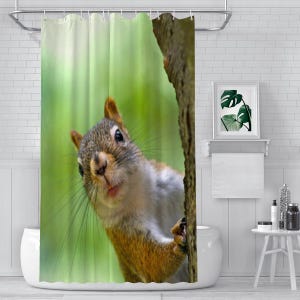 Könnte beinhalten: Duschvorhang mit einem detaillierten Bild eines Eichhörnchens, das hinter einem Baumstamm hervorblickt. Das Eichhörnchen hat braunes und weißes Fell und einen neugierigen Ausdruck. Der Hintergrund ist ein verschwommenes Grün, das eine Waldkulisse suggeriert.