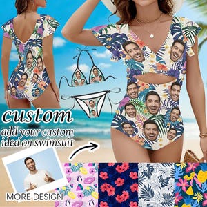 Personalized Face Funny Swimwear, Women&#39;s Ruffle One Piece Swimsuit, Custom Face Hawaiian Swimsuit, Women Beach Bathing Suits Birthday Gift