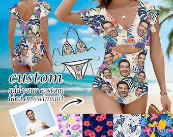 Personalisiertes Gesicht Lustige Bademode, Frauen Rüschen Einteiliger Badeanzug, Benutzerdefiniertes Gesicht Hawaiian Badeanzug, Frauen Strand Badeanzüge Geburtstagsgeschenk