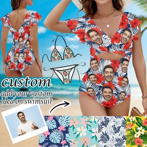 Personalized Face Funny Swimwear, Women&#39;s Ruffle One Piece Swimsuit, Custom Face Hawaiian Swimsuit, Women Beach Bathing Suits Birthday Gift