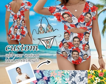 Personalisiertes Gesicht Lustige Bademode, Frauen Rüschen Einteiliger Badeanzug, Benutzerdefiniertes Gesicht Hawaiian Badeanzug, Frauen Strand Badeanzüge Geburtstagsgeschenk