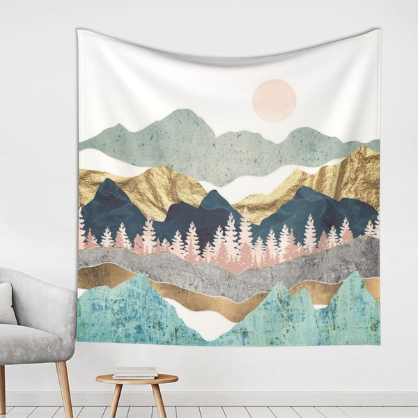 Abstract Mountain Tapestry, Sunset Wall Hanging, Nature Landscape Mural, Bohemian Tapestry, Home, Living Room Decor, Bedroom Decoration