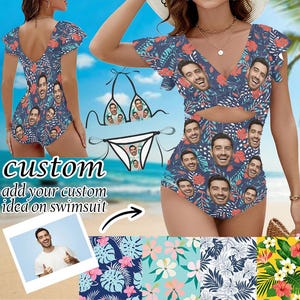 Personalized Face Funny Swimwear,Women&#39;s Ruffle One Piece Swimsuit, Custom Face Hawaiian Swimsuit, Women Beach Bathing Suits Birthday Gift