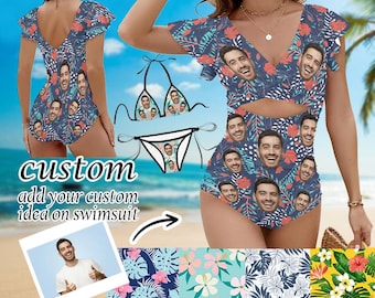 Personalisiertes Gesicht Lustige Bademode, Damen Rüschen Einteiliger Badeanzug, Benutzerdefiniertes Gesicht Hawaiischer Badeanzug, Frauen Strand Badeanzüge Geburtstagsgeschenk