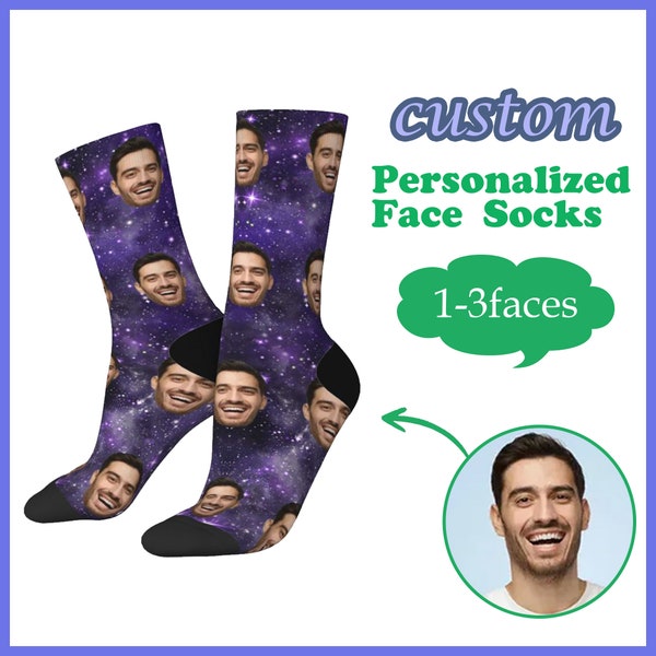 Chaussettes de visage personnalisées Galaxy violet avec photo, chaussettes personnalisées avec photo, chaussette, cadeaux de chaussettes drôles unisexes personnalisés pour hommes femmes