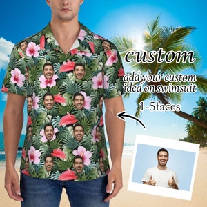 Aangepaste tropische bloemen Hawaiian shirt met gezicht, gepersonaliseerde button down shirts met foto, grappige Hawaiian Beach shirts voor mannen vrouwen