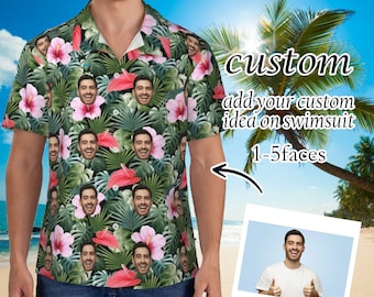 Camisa hawaiana floral tropical personalizada con cara, camisas con botones personalizadas con foto, camisas hawaianas divertidas de playa para hombres y mujeres