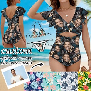 Personalized Face Funny Swimwear, Women&#39;s Ruffle One Piece Swimsuit, Custom Face Hawaiian Swimsuit, Women Beach Bathing Suits Birthday Gift