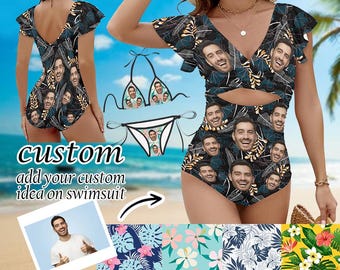 Personalisiertes Gesicht Lustige Bademode, Frauen Rüschen Einteiliger Badeanzug, Benutzerdefiniertes Gesicht Hawaiian Badeanzug, Frauen Strand Badeanzüge Geburtstagsgeschenk