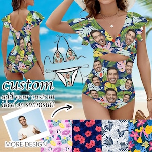 Personalized Face Funny Swimwear, Women&#39;s Ruffle One Piece Swimsuit, Custom Face Hawaiian Swimsuit, Women Beach Bathing Suits Birthday Gift