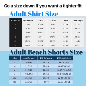 Puede incluir: Un gr&aacute;fico que muestra las tallas de camisas y pantalones cortos de playa para adultos en pulgadas y cent&iacute;metros. El gr&aacute;fico incluye medidas para el ancho de los hombros, el busto, la cintura, la longitud, la longitud de la manga, la cadera y la cintura.