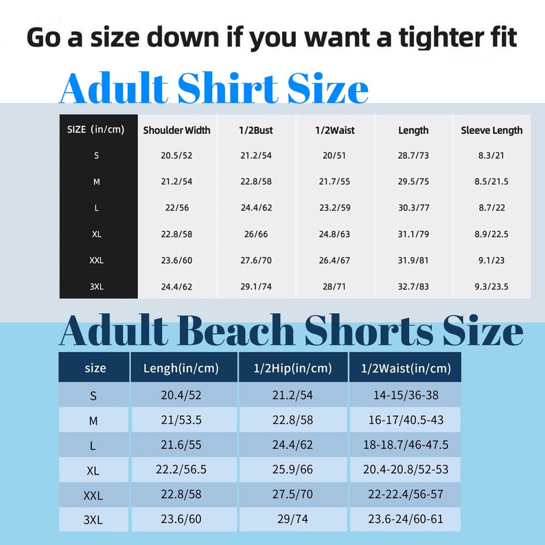 Puede incluir: Un gr&aacute;fico que muestra las tallas de camisas y pantalones cortos de playa para adultos en pulgadas y cent&iacute;metros. El gr&aacute;fico incluye medidas para el ancho de los hombros, el busto, la cintura, la longitud, la longitud de la manga, la cadera y la cintura.