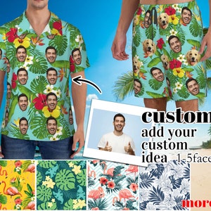 Op maat gemaakt Hawaiiaans shirt met tropische bloemen en gezicht, gepersonaliseerde button-down shirts met foto, grappige Hawaiiaanse strandshirts voor mannen en vrouwen