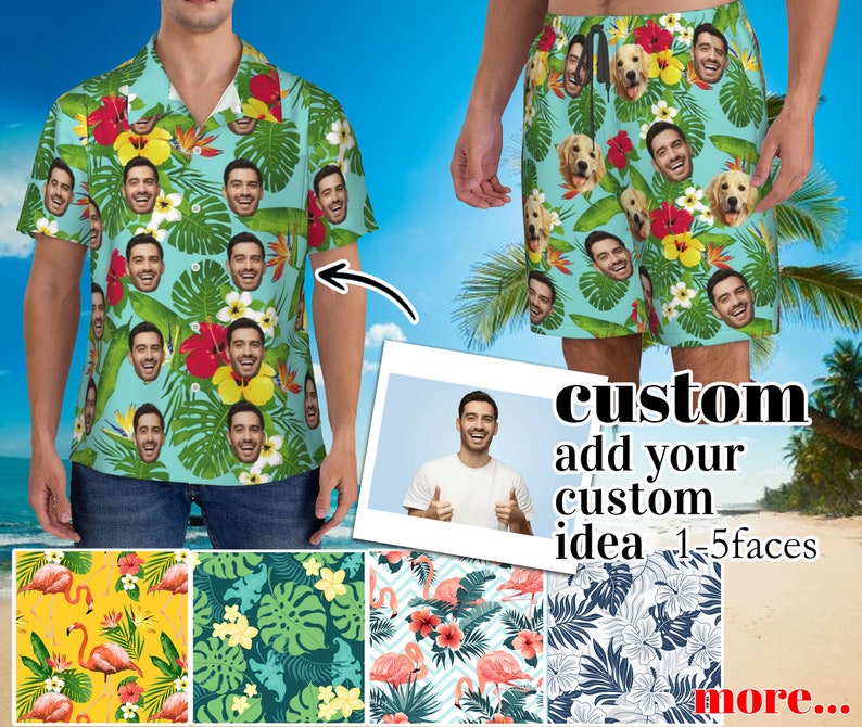 Puede incluir: Una camisa de estampado tropical azul y verde con m&uacute;ltiples caras impresas en ella. La camisa tiene un cuello abotonado y mangas cortas. El texto "custom add your custom idea 1-5 faces" est&aacute; impreso en la parte inferior de la imagen.