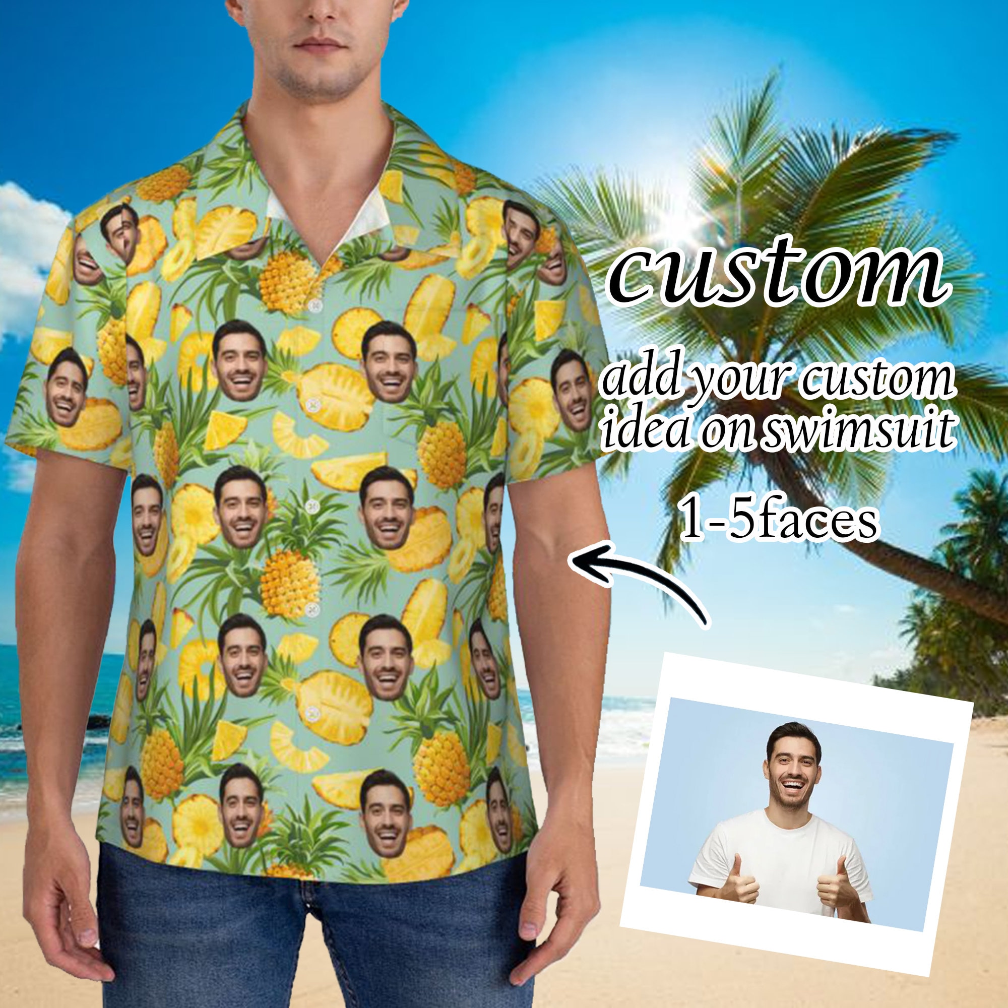 KEMEILA Camicia Hawaiana Estiva con Volto Personalizzato | Magliette con Stampa Floreale Personalizzata con Foto | Camicia da Uomo per la Festa in Spiaggia