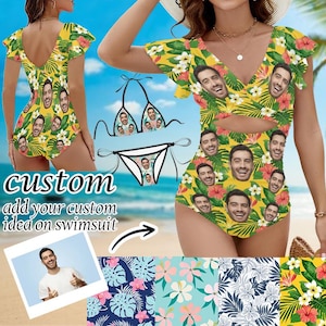 Personalized Face Funny Swimwear, Women&#39;s Ruffle One Piece Swimsuit, Custom Face Hawaiian Swimsuit, Women Beach Bathing Suits Birthday Gift