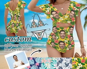 Personalisiertes Gesicht Lustige Bademode, Frauen Rüschen Einteiliger Badeanzug, Benutzerdefiniertes Gesicht Hawaiian Badeanzug, Frauen Strand Badeanzüge Geburtstagsgeschenk