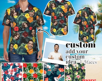 AIFLM Camicia Hawaiana Personalizzata con Foto del Viso Foto Personalizzate Camicie con Bottoni Floreali Tropicali Camicia da Spiaggia Estiva Camicia Hawaiana a Maniche Corte Personalizzato