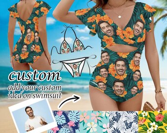 Personalisiertes Gesicht Lustige Bademode, Damen Rüschen Einteiliger Badeanzug, Benutzerdefiniertes Gesicht Hawaiischer Badeanzug, Frauen Strand Badeanzüge Geburtstagsgeschenk