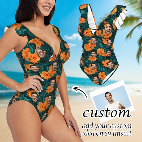 Personalized Face Funny Swimwear,Women's Ruffle One Piece Swimsuit,Custom Face Hawaiian Swimsuit,Women Beach Bathing Suits Birthday Gift